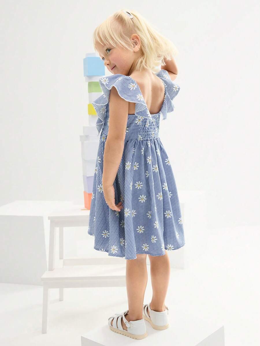 SHEIN 年轻女孩休闲可爱甜美方领荷叶边下摆中长连衣裙