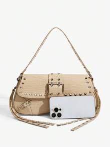 SHEIN X Lucía Bellido SHEIN SXY Túi đeo vai nữ, Túi Hobo, Thời trang, Đơn giản, Cá nhân hóa, Đa năng, Đường phố, Ngầu, Đinh tán, Tua rua, Cho buổi hẹn hò, Hàng ngày, Mua sắm - Màu be - Xem 5
