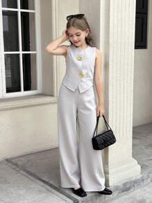 SHEIN Serisse Kids 少女優雅辦公風金屬扣飾不對稱領無袖西裝外套與寬腿長褲兩件套 - 杏色 - 查看 1