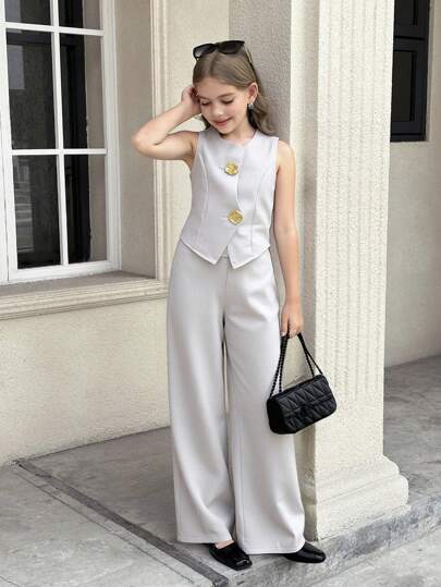SHEIN Tween Girls Elegant Office Metal Buckle Decor Asymmetric Collar Sleeveless Blazer & Wide Leg Pants 2 Pieces Set