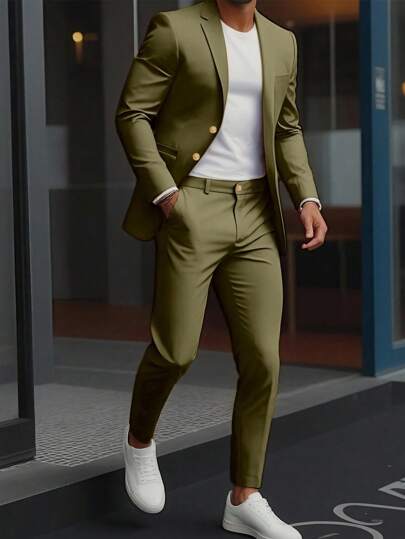 Manfinity Mode Men's Solid Color Formal Lapel Neck Double-Breasted Suit & Pants Set
