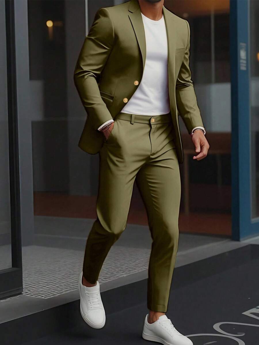 Manfinity Mode Bộ vest nam màu trơn cổ ve kép cài khuy và quần - xanh quân đội - Xem 1