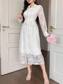 DAZY 1pc Women's Lace Collar Belted Mid-Length Solid Color Long Sleeve Dress,Fall Dress Maxi Dress - Beige - View 6