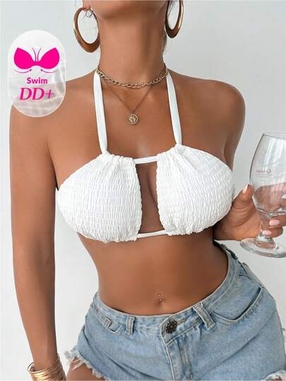 Swim DD+ Top de bikini sexy de halter con volantes y recorte calado, unicolor, para mujer en verano
