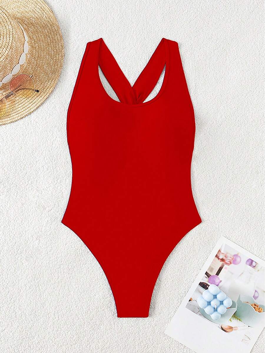 Swim SXY 女士夏季沙滩装 - 无袖、露背、扭结、褶饰连体泳衣,性感纯色 - 紅色 - 查看 1