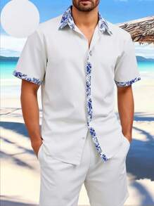 Manfinity Homme 2pcs/Set Men Floral Print Button Down Short Sleeve Shirt And Cargo Shorts Set Men's Vacation Clothes Men's Beach Shirts - White - View 5
