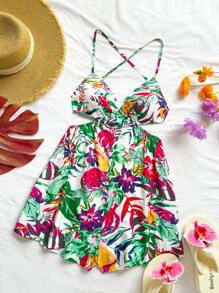 Soleia Women's Tropical Plant Print Spaghetti Strap Backless Tie Waist Rompers - Multicolor - View 3
