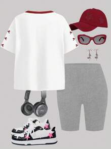 SHEIN Leap Crew Set de 2 piezas de camiseta de manga corta y pantalones cortos casuales y minimalistas para niñas preadolescentes, adecuado para el verano - Multicolor - Ver 2