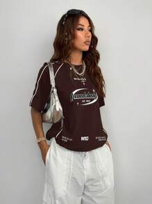 Coolane 女款街头风 Y2K 酷炫活动字母印花撞色短袖黑色 T 恤 - 棕色 - 查看 5