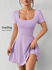 SHEIN EZwear Váy đan ngắn tay cổ vuông màu tử đinh hương cho nữ - Màu Lilac Tím - Xem 7