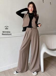 DAZY 2 piezas Conjunto casual de mujer con chaleco de cuello en V sólido de un solo botonadura y pantalones de pierna ancha, ropa de otoño, ropa de vuelta al colegio
