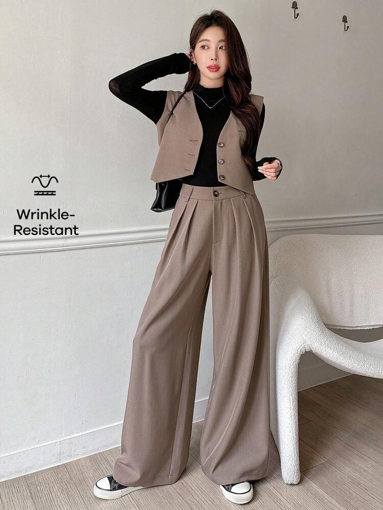 2pcs Women's Solid V-Neck Single Breasted Vest & Wide Leg Pants Casual Suit,Fall Clothes,Back To School Clothes