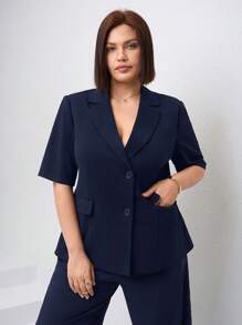 SHEIN Clasi Black Short Sleeve Open Front Pocket Plus Size Women Blazer, Elegant Business Commuter Wear In Fall/Winter - Navy Blue - View 3