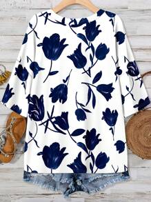 SHEIN LUNE Plus Size Floral Print T-Shirt, Casual & Suitable For Summer - Blue and White - View 2