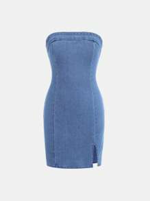 SHEIN Girlism 少女时尚休闲Y2K基础款混色蓝色针织弹力紧身无肩带牛仔连衣裙，适合少女日常穿着，柔软舒适，也适合少女春夏派对、节日和海滩穿着。 - 藍色 - 查看 1