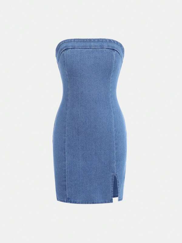SHEIN Girlism Tween Girls Fashion Causal Y2k Basic Mixed Blue Knitted Stretch Tight Strapless Denim Dress For Tween Girl Clothes Girls Costume Dailywear And Tween Girl Summer And Spring Rave Outfits Festival And Beach Outfits Clothes