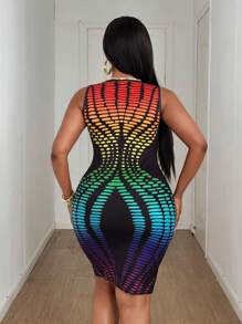 Maweii 大码女式几何印花无袖紧身休闲迷你连衣裙