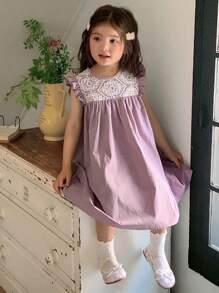 DAZY Young Girls Round Neck Heavy Embroidery Sleeveless Ruffled Loose Party Birthday Formal Dress,Girls Summer Outfits - Mauve Purple - View 4