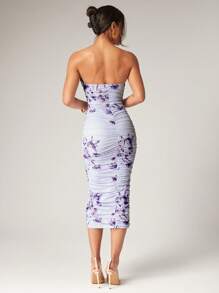 Silquee 紫色优雅大花朵浪漫印花夏季女士美人鱼下摆褶皱弹力网眼紧身连衣裙，适合情人节、约会、派对 - 彩色 - 查看 2