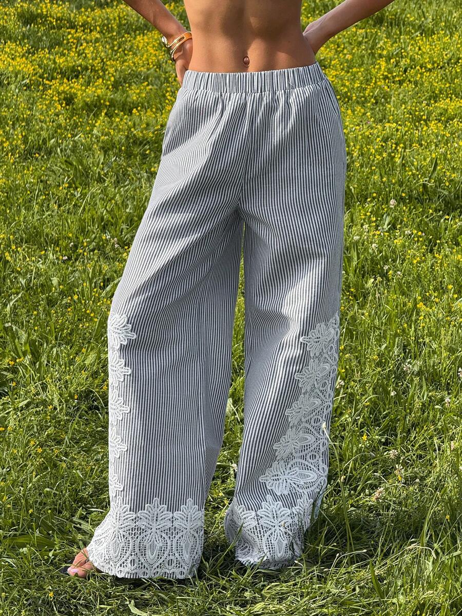 SHEIN EZwear 女式蕾丝拼接条纹口袋阔腿裤 - 灰色 - 查看 1