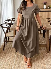 Linhara Plus Size A-Line Ruched Chiffon Short Sleeve Solid Color Dress Work Summer Dresses Women Plus Sun Dress Women Summer Clothing Women S Clothes