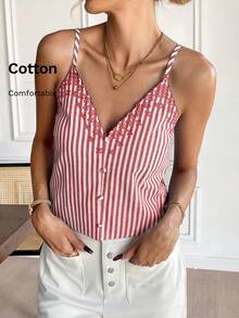 SHEIN Frenchy Áo ba lỗ rộng rãi thiết kế nút kẻ sọc cho nữ - Đỏ và trắng - Xem 1