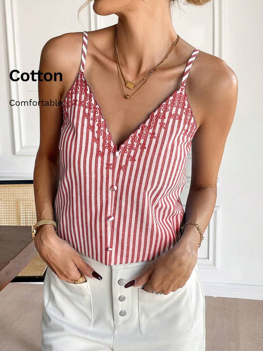 SHEIN Frenchy Áo ba lỗ rộng rãi thiết kế nút kẻ sọc cho nữ - Đỏ và trắng - Xem 1
