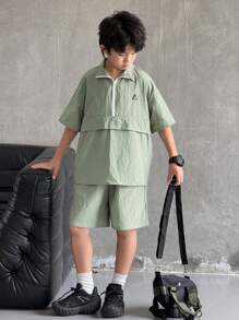 2pcs/Set Tween Boys' Casual Sports Polo Collar Short Sleeve Shirt And Elastic Waist Shorts Set, Suitable For Commuting, School, Casual Outings, Sports, Spring/Summer