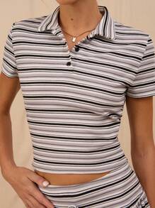 SHEIN Forever 21 Women Striped Polo Collar Short Sleeve Cropped Casual T-Shirt