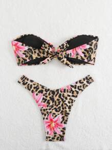 Leopard Floral Print Tankini Swimsuit, Holiday Beach Wear For Summer Beach Vacation - Multicolor - View 2