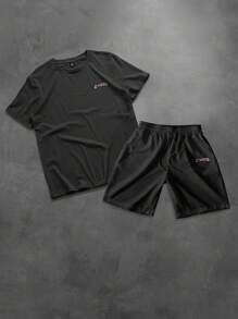 Manfinity Homme 2pcs/Set Men's Letter Print Short Sleeve T-Shirt & Pocket Shorts Set Men 2 Pieces Outfits Short Set Men 2 Pieces Short Sets - Black - View 3