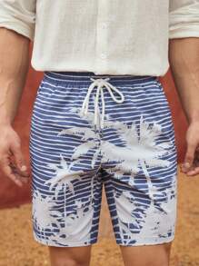 Manfinity VCAY 男士休闲编织棕榈树条纹印花中腰抽绳直筒短裤 - 彩色 - 查看 3