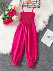 SHEIN 年轻女孩纯色细肩带连体裤 - 玫紅色 - 查看 2