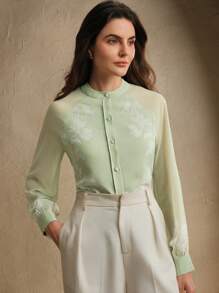 Anewsta Chemise à boutons à manches longues semi-transparente avec motifs floraux pour femmes - Vert - Voir 1