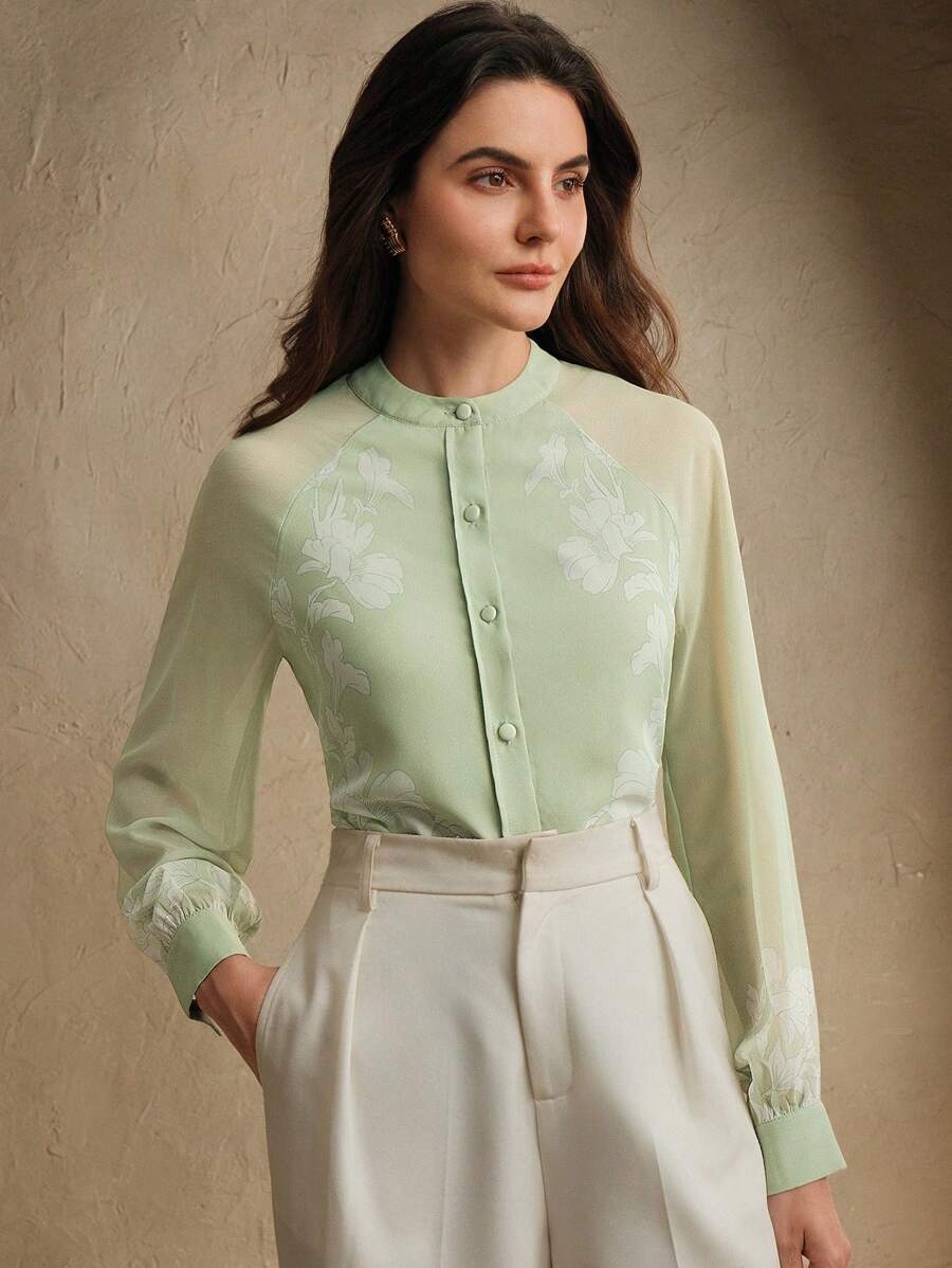 Anewsta Chemise à boutons à manches longues semi-transparente avec motifs floraux pour femmes - Vert - Voir 1