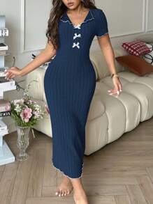 SHEIN 优雅蝴蝶结撞色针织条纹女式家居连衣裙 - 藏蓝色 - 查看 6