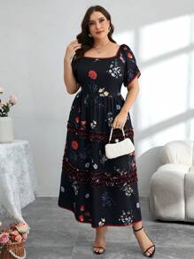 Modelyn 加大码春夏宽领浪漫花卉印花抽绳腰部喇叭下摆优雅迷人度假连衣裙 - 黑色 - 查看 3