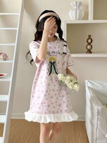 青少年女孩新款简约时尚可爱碎花长袖睡裙家居服返校时尚 - 彩色 - 查看 3