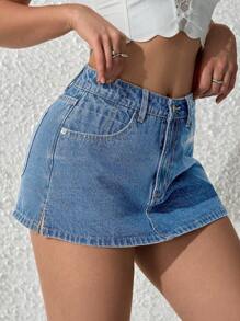 SHEIN PETITE 女士休闲水洗牛仔短裤 - 淺色水洗藍 - 查看 4