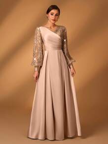 Serin Elegancka luksusowa sukienka damska z satyny z koralikami i cekinami, z rękawami w kształcie latarni, z dekoltem w serek i marszczeniami na dole w kształcie litery A, odpowiednia dla matek na wesela, imprezy, przyjęcia, wieczorne gale