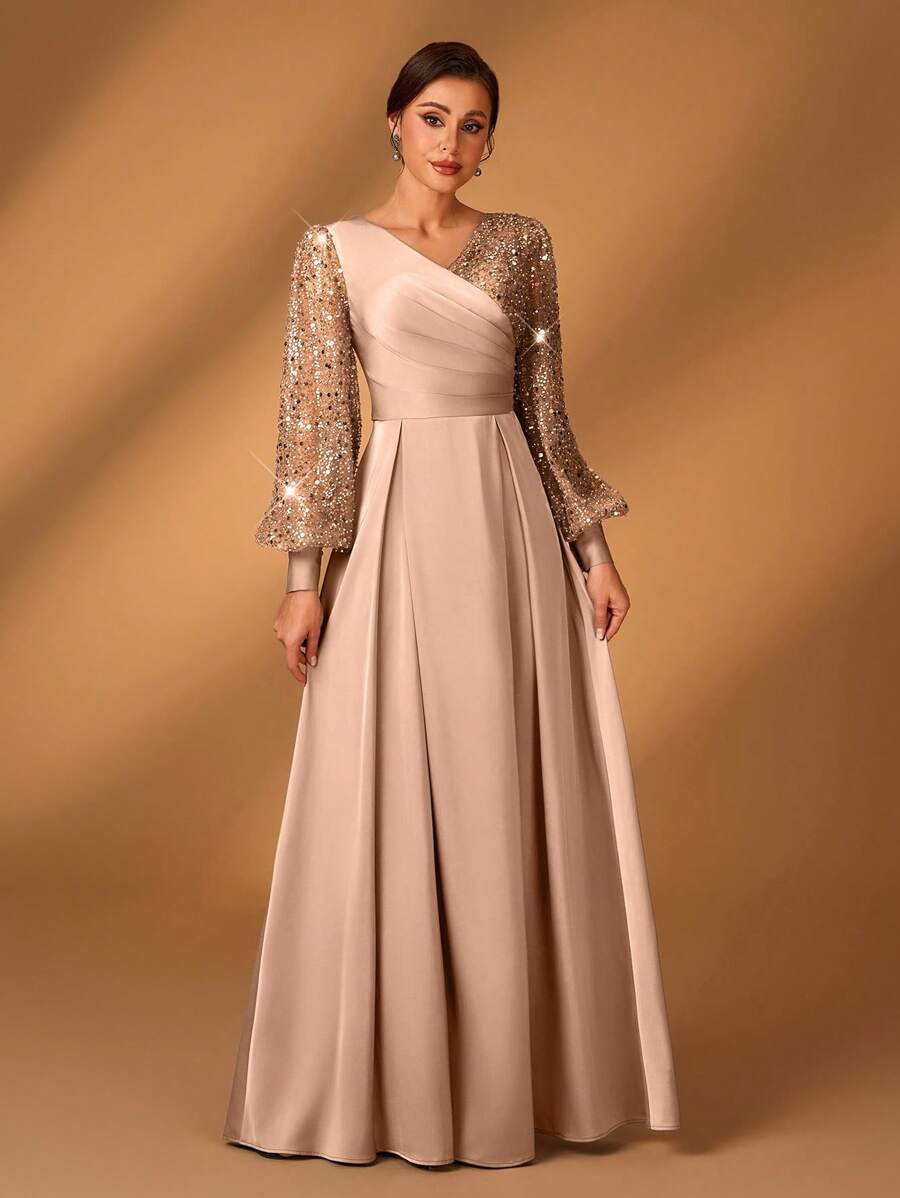 Serin Elegancka luksusowa sukienka damska z satyny z koralikami i cekinami, z rękawami w kształcie latarni, z dekoltem w serek i marszczeniami na dole w kształcie litery A, odpowiednia dla matek na wesela, imprezy, przyjęcia, wieczorne gale