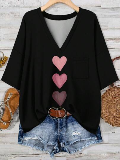 EMERY ROSE 大码女士休闲简约黑色T恤，带粉色心形图案，适合夏季