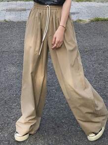 FRIFUL Women's Casual Solid Color Drawstring Waist Wide Leg Pants, Everyday Wear - Khaki - View 10