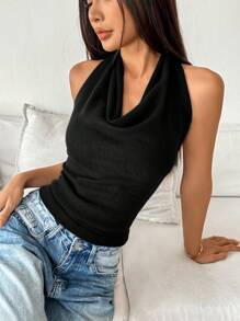 Elenzga 女士纯色垂坠领短款针织黑色背心，适合外出穿着 - 黑色 - 查看 3