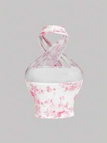 SHEIN MOD 性感腰部收紧珊瑚粉色花卉印花露背吊带夏季上衣