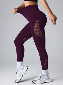 Easithlete Mallas deportivas de yoga sin costuras de alta elasticidad con paneles de malla - Rojo violeta - Ver 5