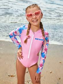 BABY SHARK X SHEIN Tween Girl Hollow Zipper Front Cartoon Shark Print One-Piece Swimsuit - Multicolor - View 3