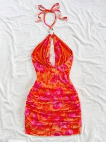 Soleia 女士度假风彩色印花图案深V领垂褶设计，不对称金属扣装饰，露背系带蝴蝶结修身迷你连衣裙，适合派对、约会、下午茶、海滩、邮轮等场合，打造夏季时尚性感波西米亚风造型。 - 彩色 - 查看 2