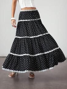 ROMWE Avant Millennium Y2K Retro Polka Dot Contrast Lace Drawstring Waist Skirt For Women - Black and White - View 6