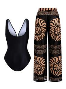 Swim Oasis 全新大码女式性感V领连体泳衣，含网眼裤，修身两件套泳衣 - 黑色 - 查看 3